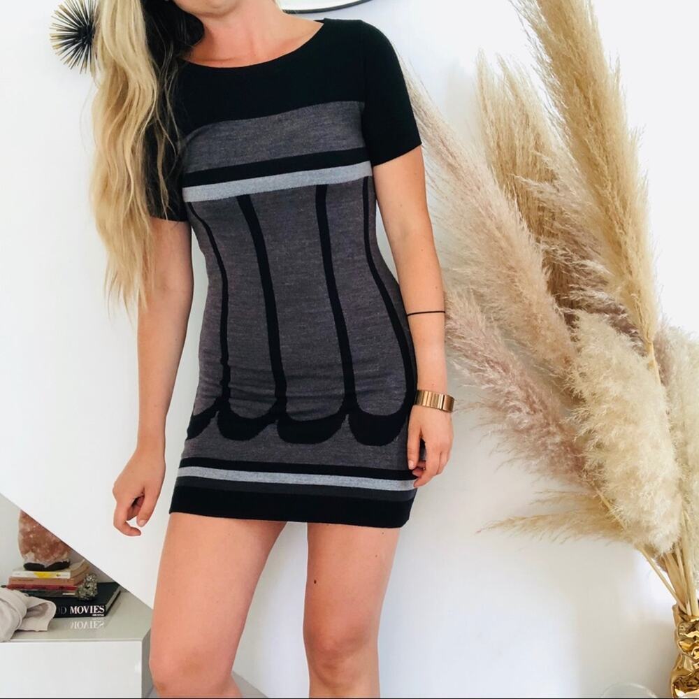 SANDRO FERRONE Black Gray Printed Sweater Short Sleeve Bodycon Mini Dress XS